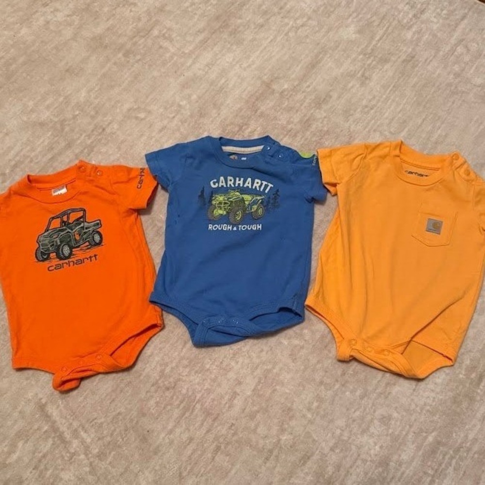 Carhartt Baby Boys 6M Bodysuit Bundle Lot of 3 Orange Blue ATV UTV Graphic